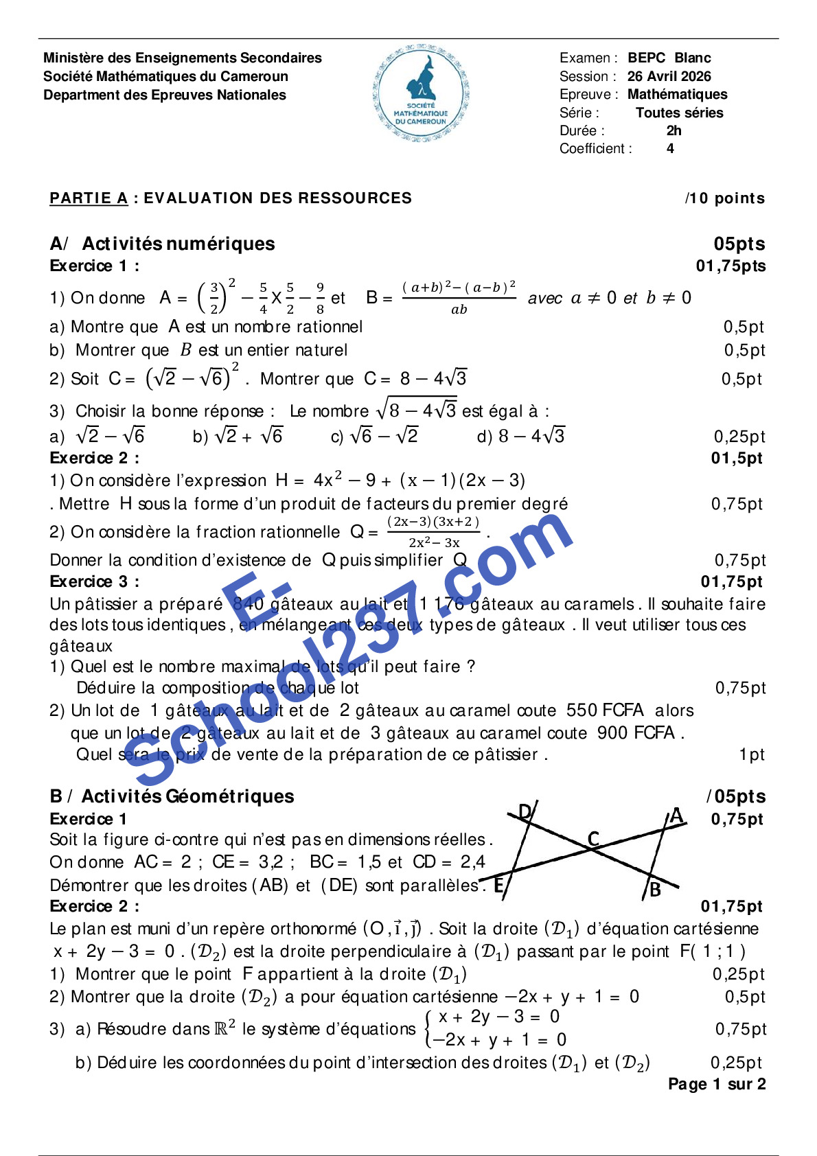 BEPC 2026 Sté Mathématiques du Cameroun